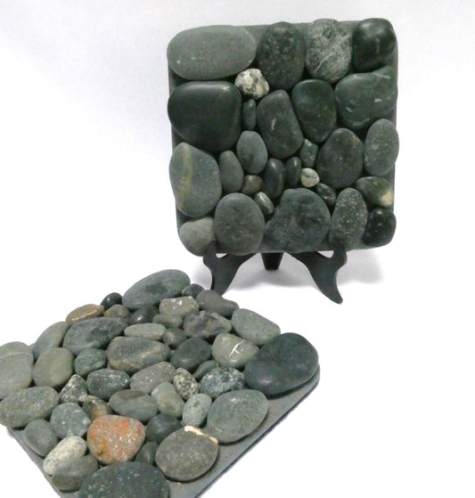 Pair of Contemporary-Designed Pebbled Stone Mosaic Tiled Drink Coasters, with Black Felt Backing