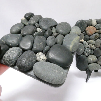 Pair of Contemporary-Designed Pebbled Stone Mosaic Tiled Drink Coasters, with Black Felt Backing