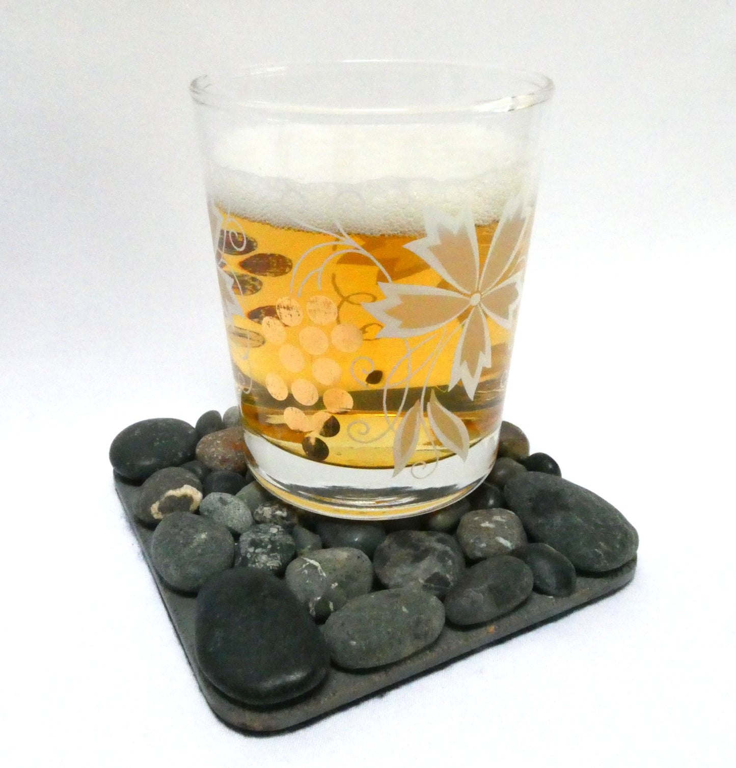 Pair of Contemporary-Designed Pebbled Stone Mosaic Tiled Drink Coasters, with Black Felt Backing