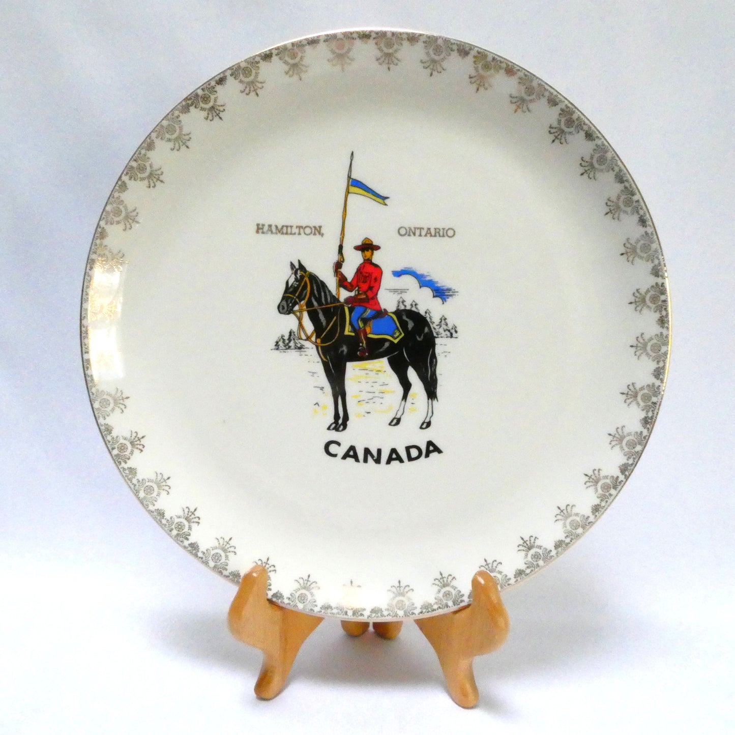 Vintage Souvenir Large Ceramic Plate featuring the Famous RCMP (Royal Canadian Mounted Police) Rare Hamilton Ontario Canada Version