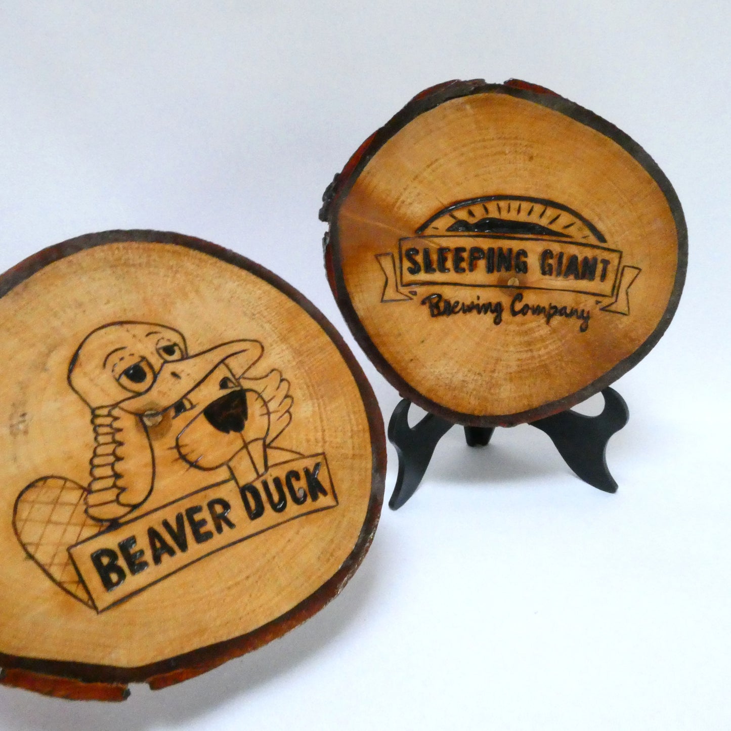 Pair of Rare Custom Made Live-Edge Wood-Burned Coasters from THE SLEEPING GIANT BREWING COMPANY
