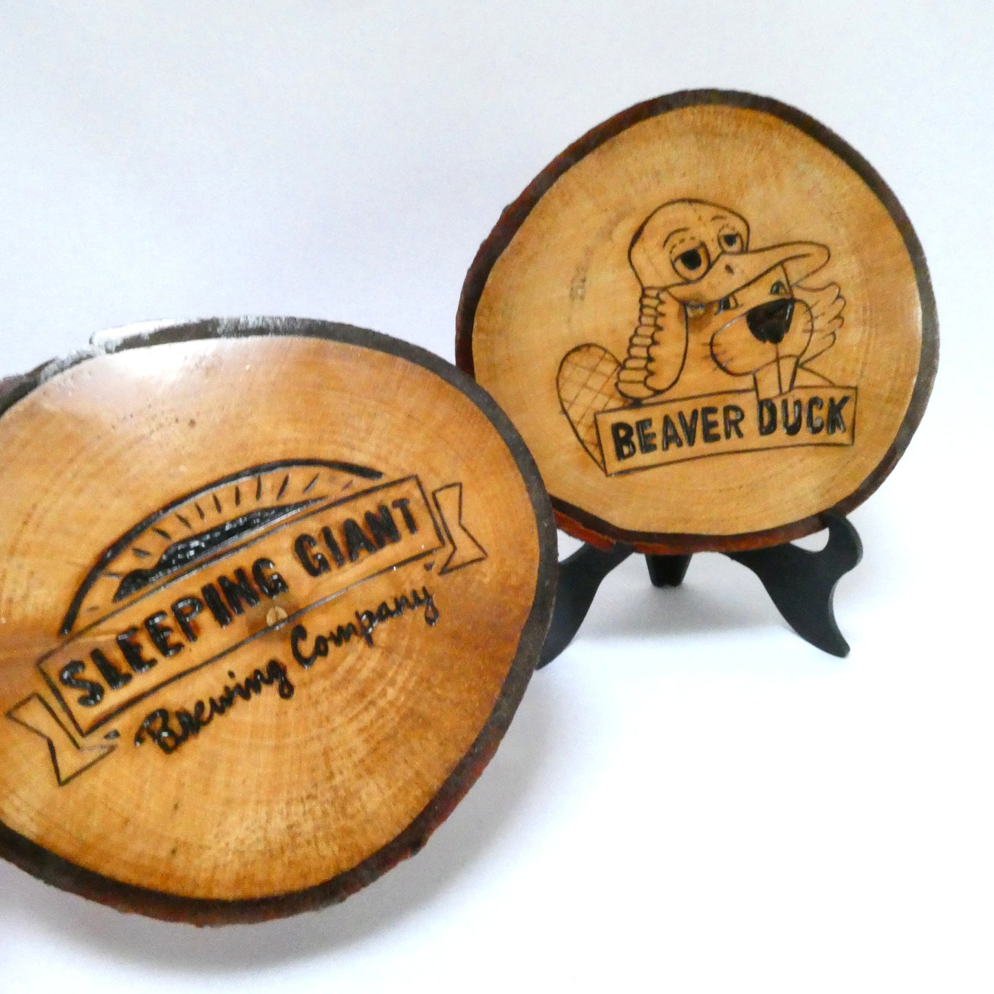 Pair of Rare Custom Made Live-Edge Wood-Burned Coasters from THE SLEEPING GIANT BREWING COMPANY