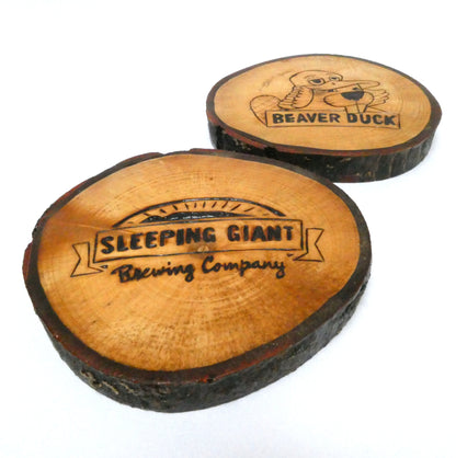 Pair of Rare Custom Made Live-Edge Wood-Burned Coasters from THE SLEEPING GIANT BREWING COMPANY
