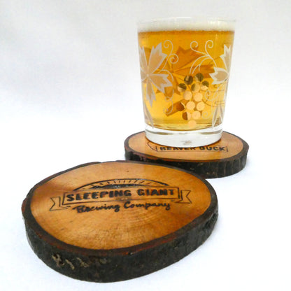 Pair of Rare Custom Made Live-Edge Wood-Burned Coasters from THE SLEEPING GIANT BREWING COMPANY