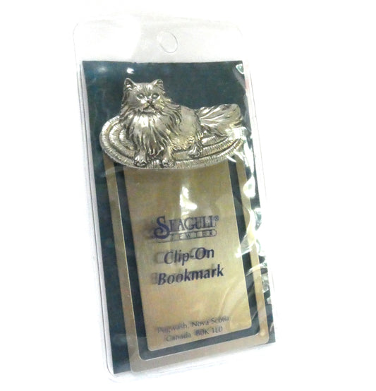 SEAGULL CLIP-ON BOOKMARK in pure pewter from Pugwash, Nova Scotia: 'THE CONTENT CAT ON THE MAT'