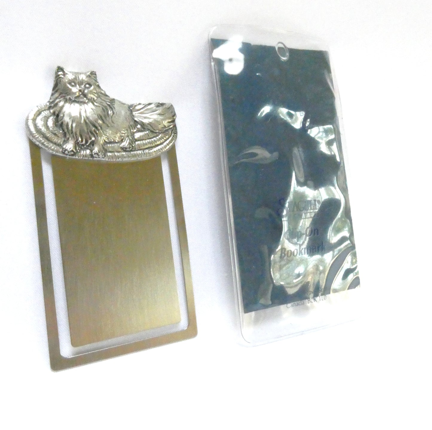 SEAGULL CLIP-ON BOOKMARK in pure pewter from Pugwash, Nova Scotia: 'THE CONTENT CAT ON THE MAT'