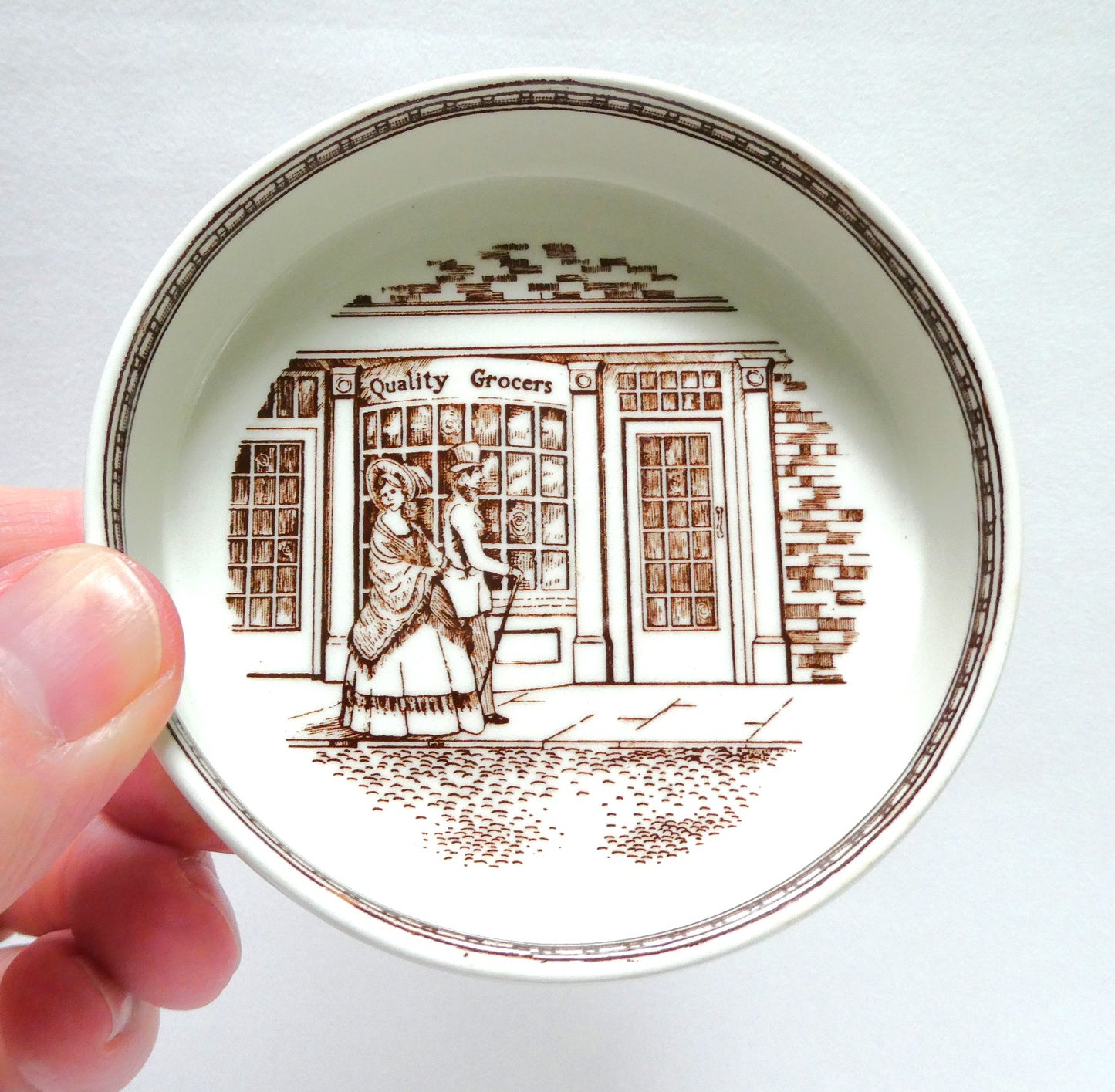 Vintage Adams Real English IRONSTONE TRINKET DISH, Featuring the 'Quality Grocers' Victorian City Scene