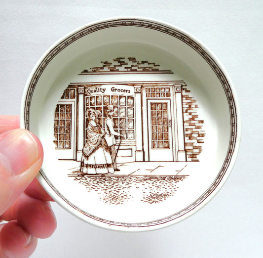 Vintage Adams Real English IRONSTONE TRINKET DISH, Featuring the 'Quality Grocers' Victorian City Scene.