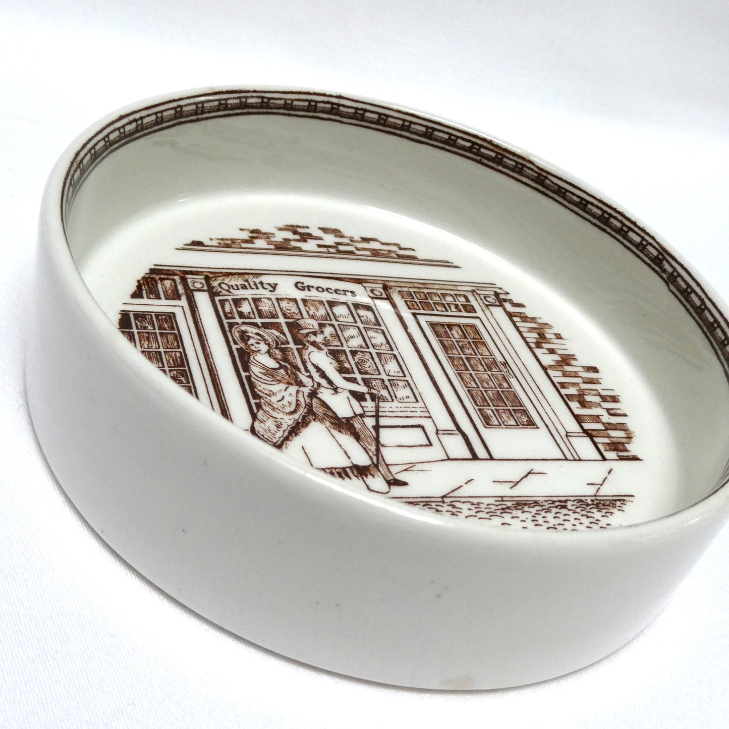 Vintage Adams Real English IRONSTONE TRINKET DISH, Featuring the 'Quality Grocers' Victorian City Scene