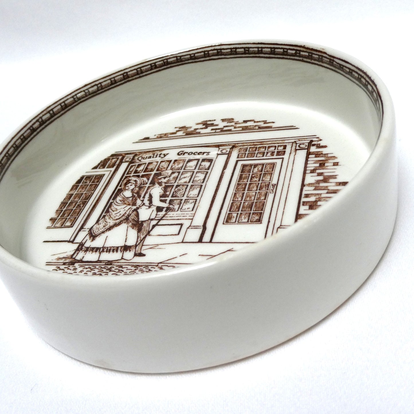 Vintage Adams Real English IRONSTONE TRINKET DISH, Featuring the 'Quality Grocers' Victorian City Scene