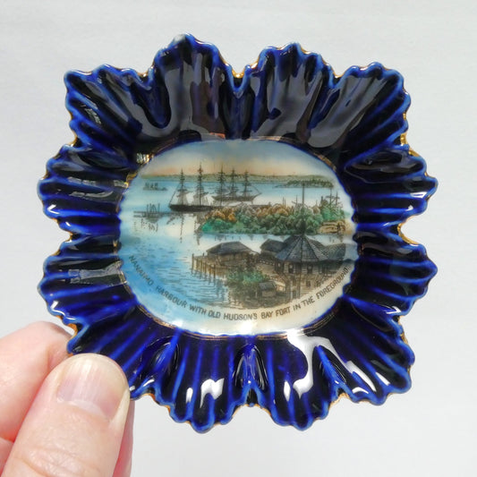 Antique Early 1900's Hand-Painted SOUVENIR PICTORIAL TRINKET TRAY: Featuring The Famous Hudson Bay Company Bastion of Nanaimo British Columbia Harbour