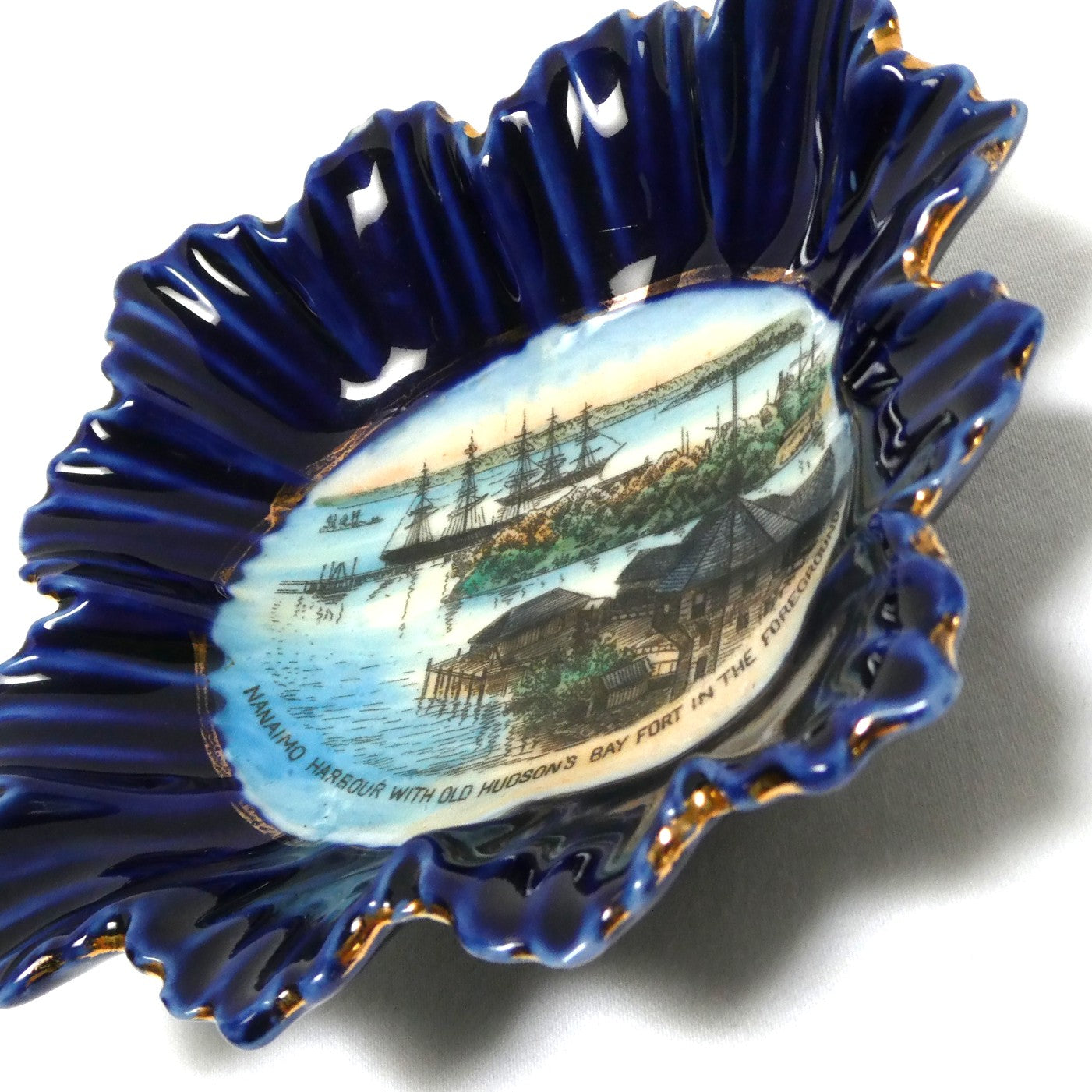 Antique 1900's Hand-Painted SOUVENIR PICTORIAL TRINKET TRAY: Featuring The Famous Hudson Bay Company Bastion of Nanaimo Harbour
