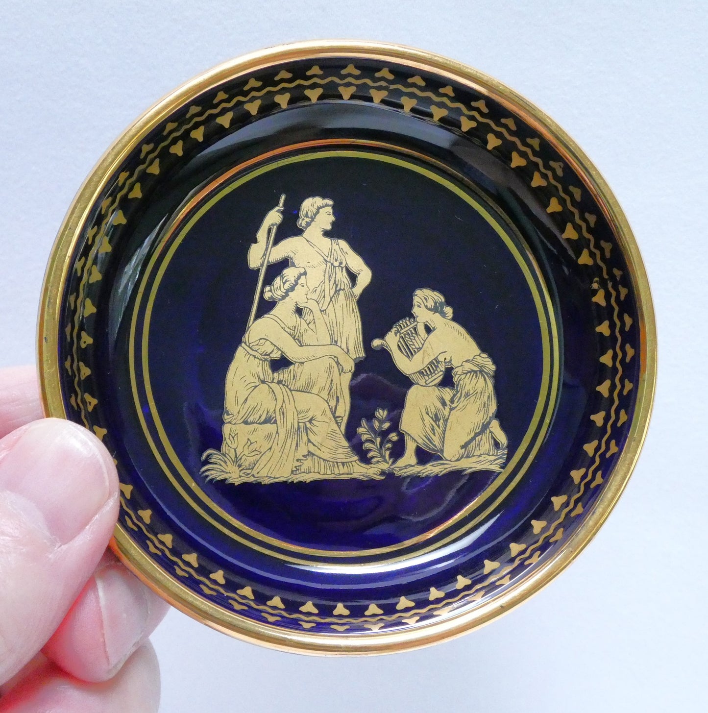 Vintage NEOFITOU KERAMIK MINI TRINKET TRAY: Greek Mythology Scene in Deep Blue and 24K Trim