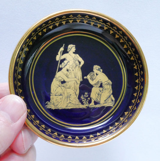 Vintage NEOFITOU KERAMIK MINI TRINKET TRAY: Greek Mythology Scene in Deep Blue and 24K Trim