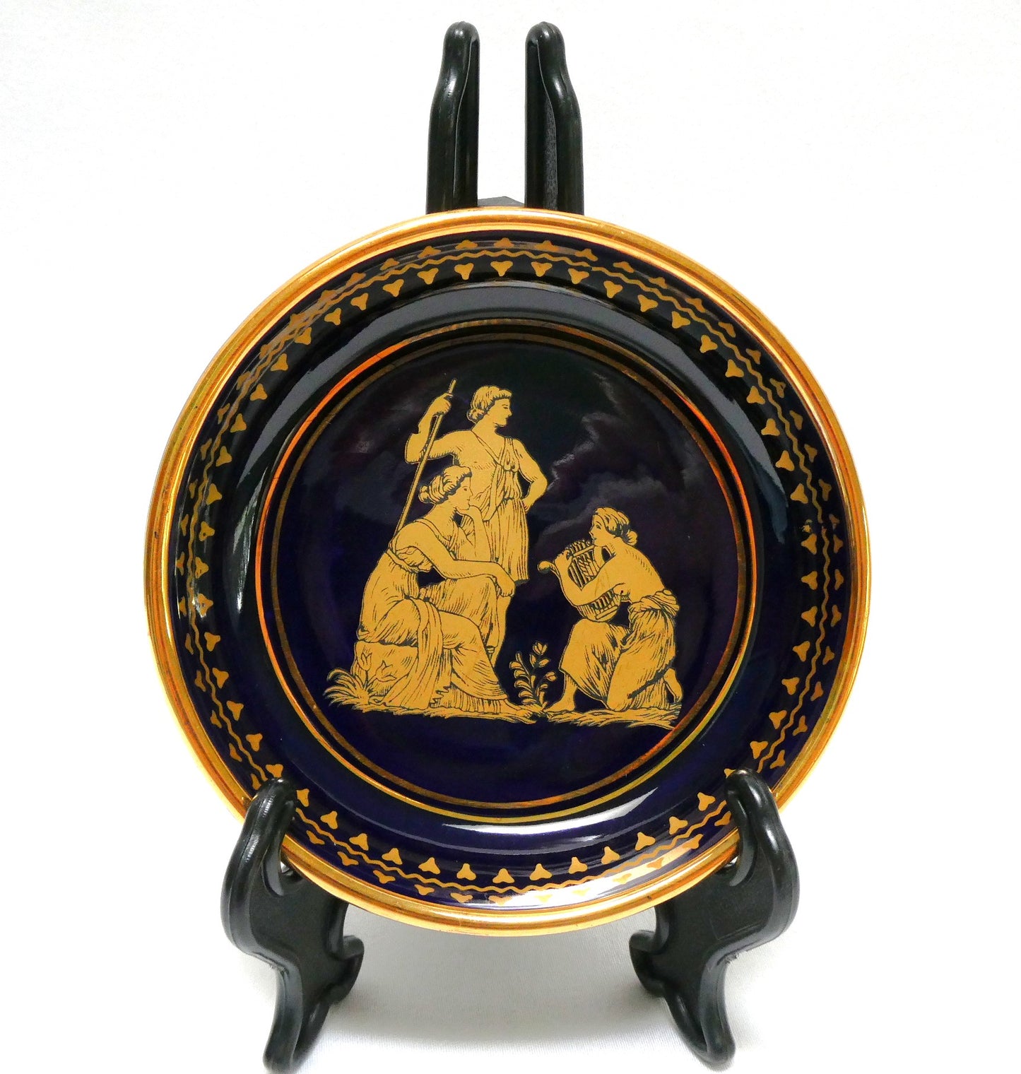 Vintage NEOFITOU KERAMIK MINI TRINKET TRAY: Greek Mythology Scene in Deep Blue and 24K Trim