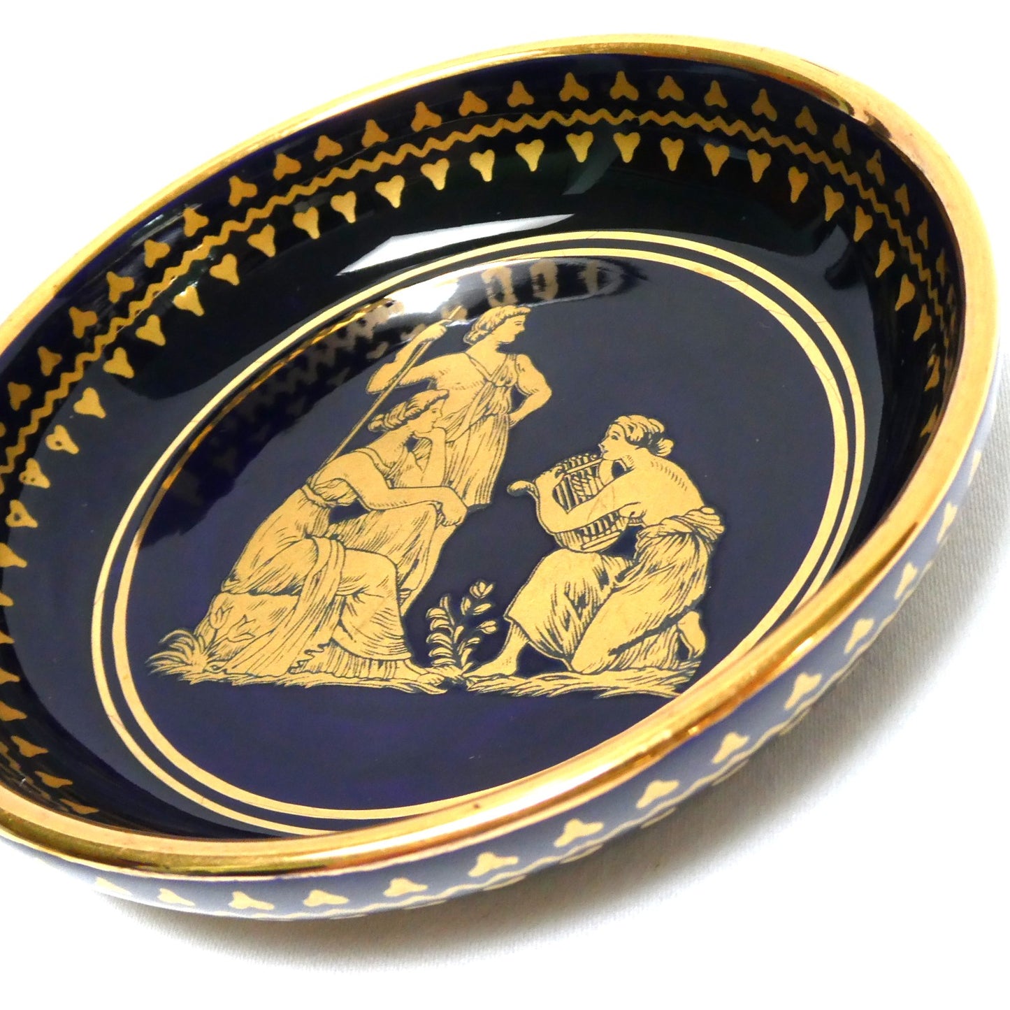 Vintage NEOFITOU KERAMIK MINI TRINKET TRAY: Greek Mythology Scene in Deep Blue and 24K Trim