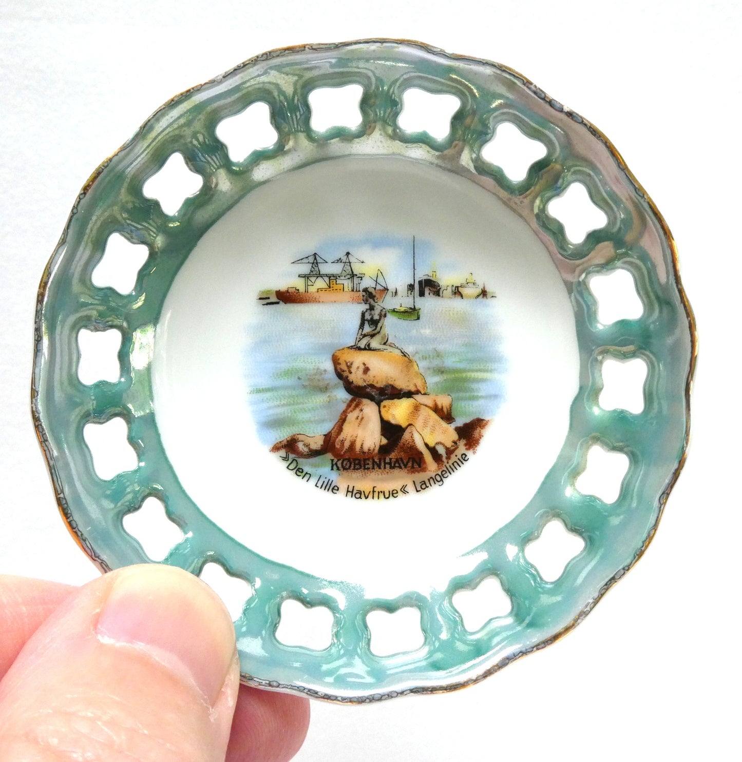 Vintage KOBENHAVN MINIATURE TRINKET BOWL: Hand Painted Little Mermaid Statue 'Den Lille Havfrue Langelinie' of Copenhagen, Denmark
