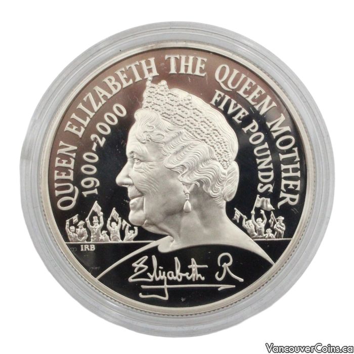 2000 Fine Proof 1 ounce .925 Silver British 5-Pound Coin: THE QUEEN MOTHER SILVER CENTENARY (1900-2000)