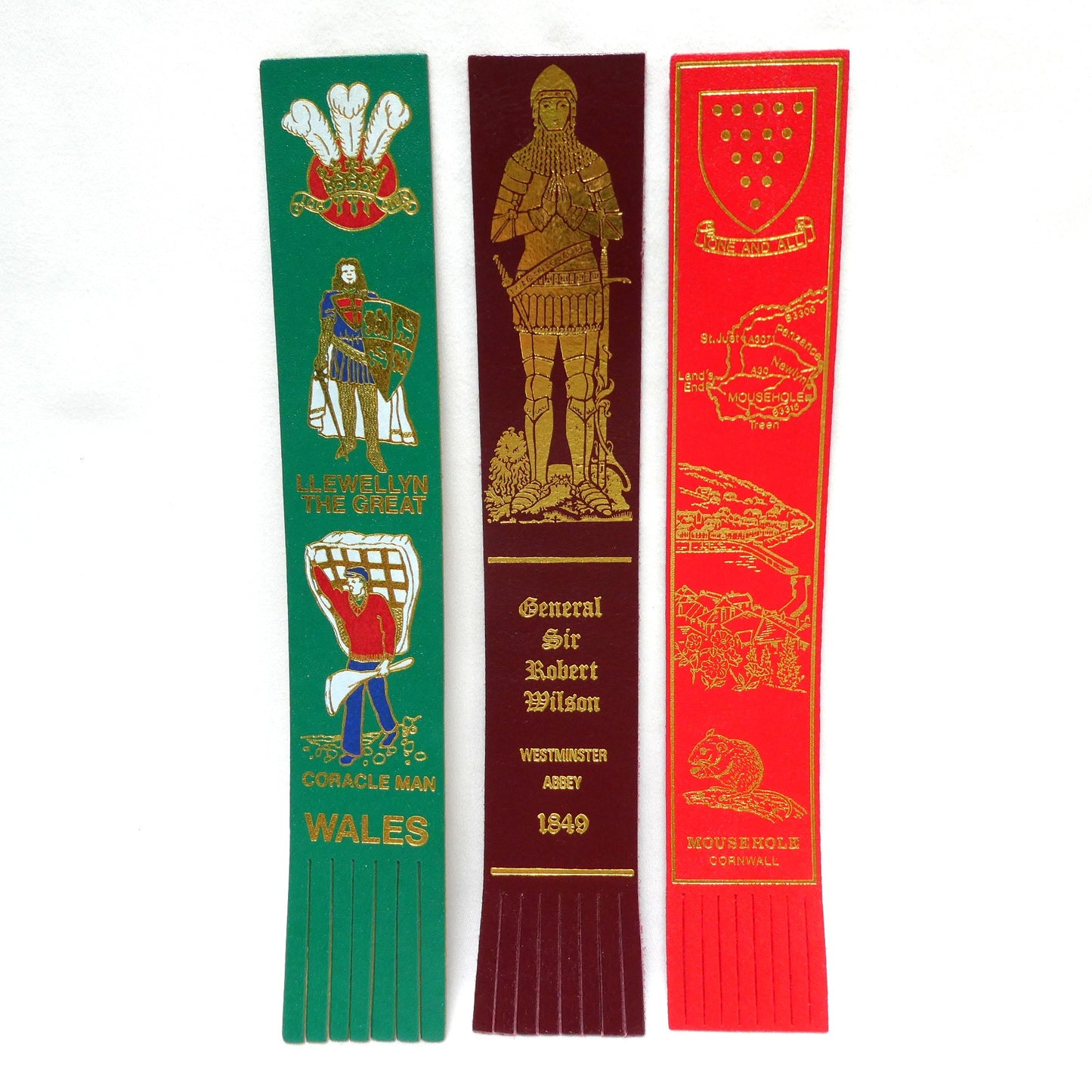 VINTAGE SELECTION OF LEATHER BOOK MARKERS:  United Kingdom Coloured Leather Bookmarkers with Fringe Edge: WALES, WESTMINSTER and MOUSEHOLE (Priced Individually)