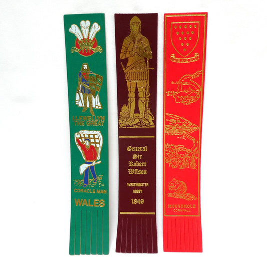 VINTAGE SELECTION OF LEATHER BOOK MARKERS:  United Kingdom Coloured Leather Bookmarkers with Fringe Edge: WALES, WESTMINSTER and MOUSEHOLE (Priced Individually)