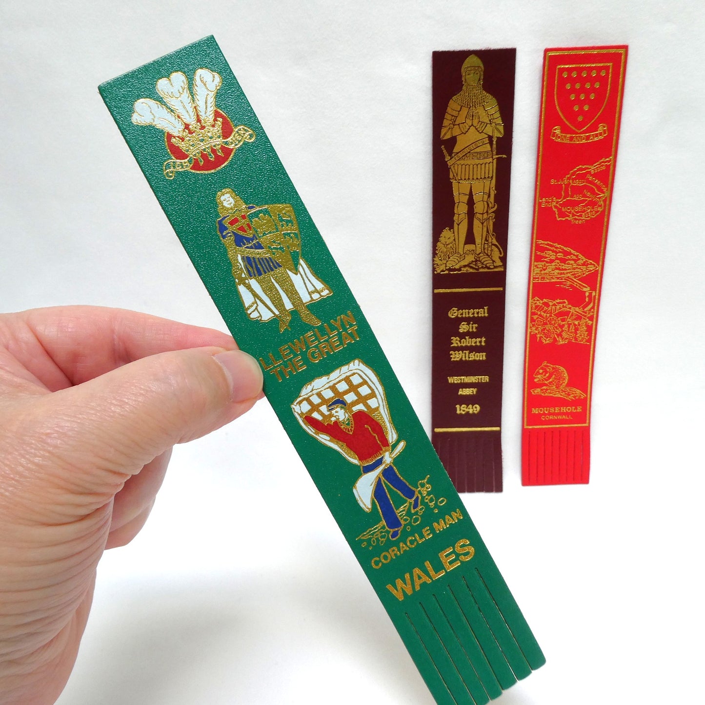 VINTAGE SELECTION OF LEATHER BOOK MARKERS:  United Kingdom Coloured Leather Bookmarkers with Fringe Edge: WALES, WESTMINSTER and MOUSEHOLE (Priced Individually)
