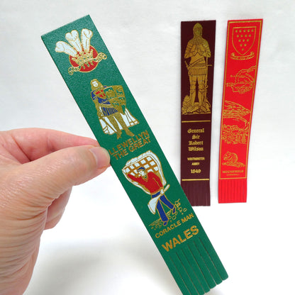 VINTAGE SELECTION OF LEATHER BOOK MARKERS:  United Kingdom Coloured Leather Bookmarkers with Fringe Edge: WALES, WESTMINSTER and MOUSEHOLE (Priced Individually)