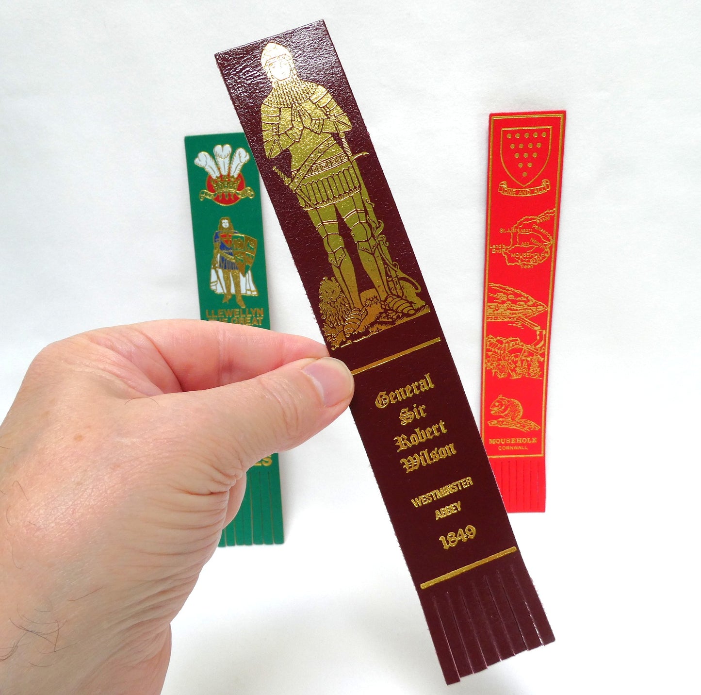 VINTAGE SELECTION OF LEATHER BOOK MARKERS:  United Kingdom Coloured Leather Bookmarkers with Fringe Edge: WALES, WESTMINSTER and MOUSEHOLE (Priced Individually)