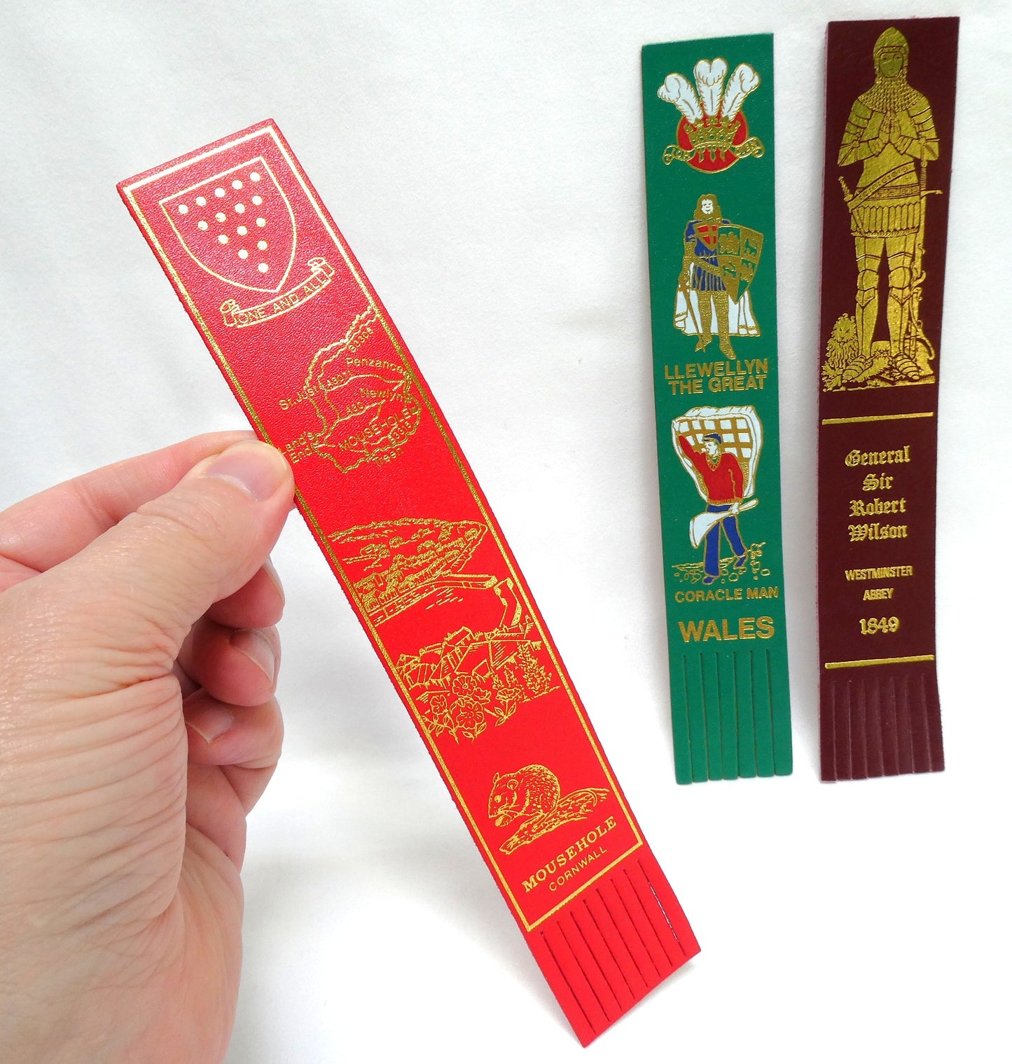 VINTAGE SELECTION OF LEATHER BOOK MARKERS:  United Kingdom Coloured Leather Bookmarkers with Fringe Edge: WALES, WESTMINSTER and MOUSEHOLE (Priced Individually)