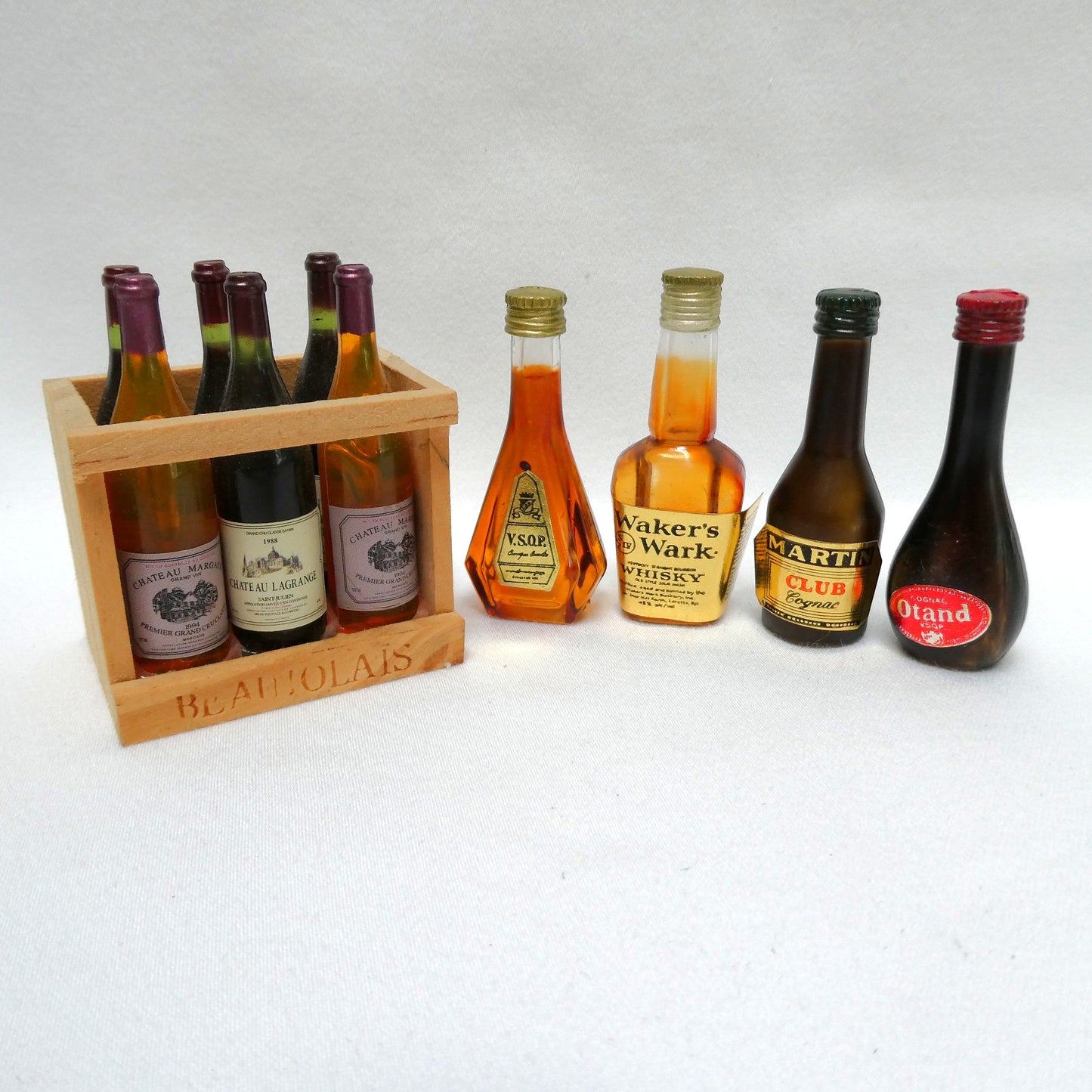 Vintage Miniature Plastic Booze Bottles, and Miniature Case of 6 Bottles of Wine in Wood Crate