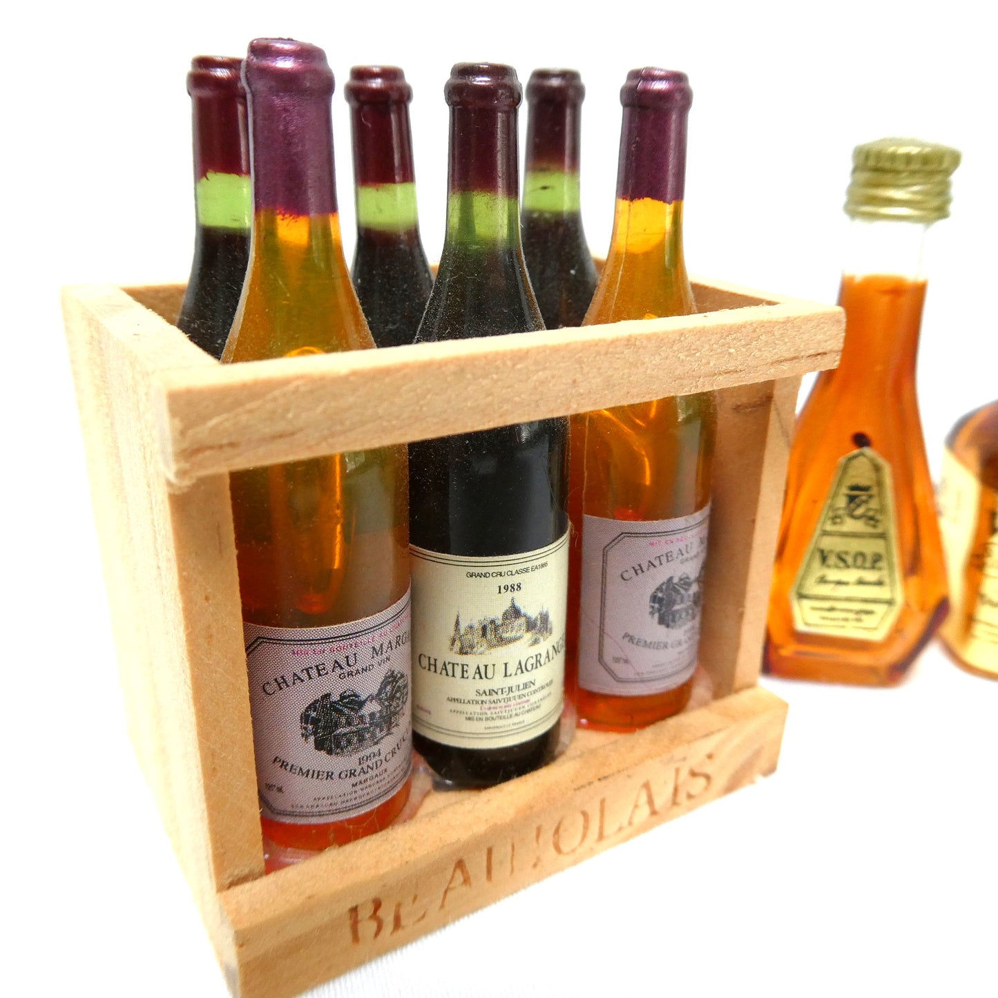 Vintage Miniature Plastic Booze Bottles, and Miniature Case of 6 Bottles of Wine in Wood Crate