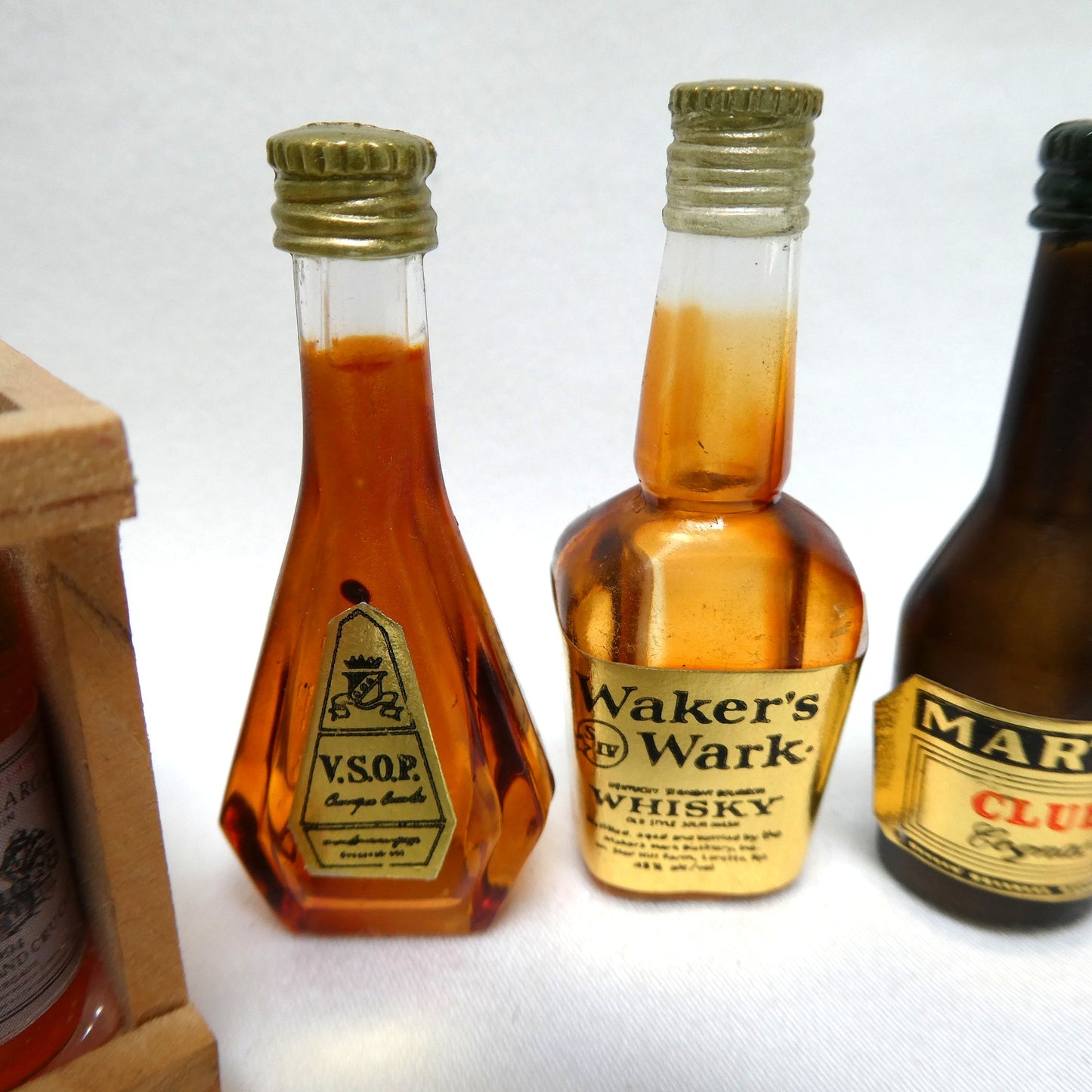 Vintage Miniature Plastic Booze Bottles, and Miniature Case of 6 Bottles of Wine in Wood Crate