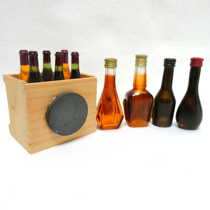 Vintage Miniature Plastic Booze Bottles, and Miniature Case of 6 Bottles of Wine in Wood Crate