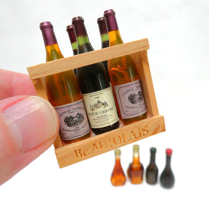 Vintage Miniature Plastic Booze Bottles, and Miniature Case of 6 Bottles of Wine in Wood Crate