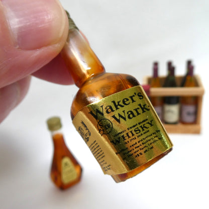 Vintage Miniature Plastic Booze Bottles, and Miniature Case of 6 Bottles of Wine in Wood Crate