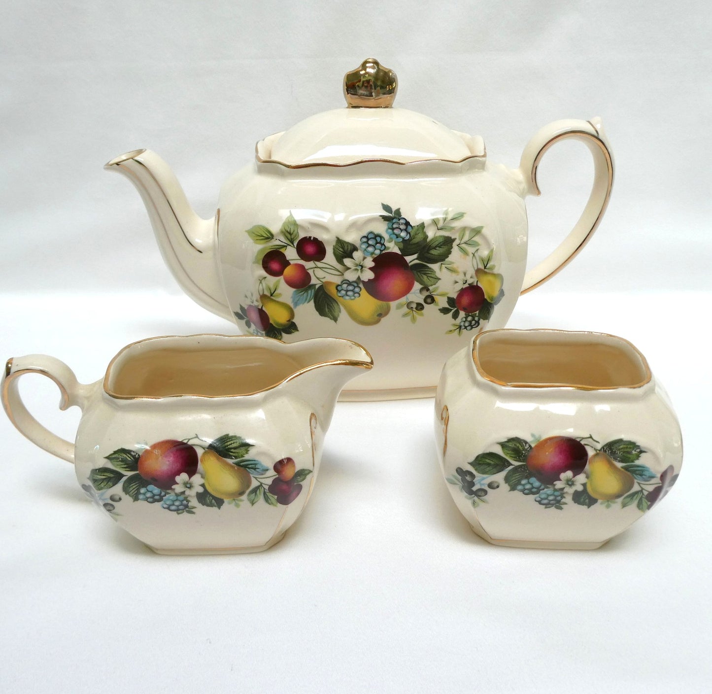 Antique 1940's RECTANGULAR TEA POT, SUGAR BOWL & CREAMER; Pear and Plum Fruit Themed by Sadler of England