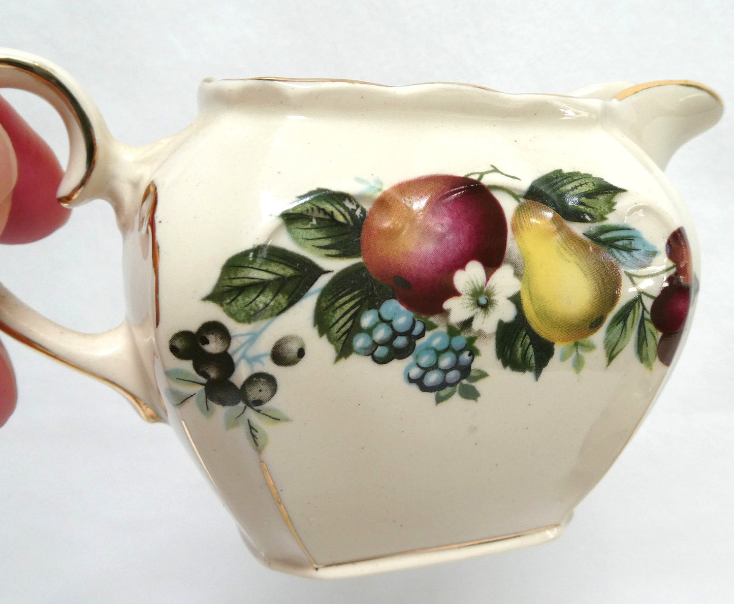 Antique 1940's RECTANGULAR TEA POT, SUGAR BOWL & CREAMER; Pear and Plum Fruit Themed by Sadler of England