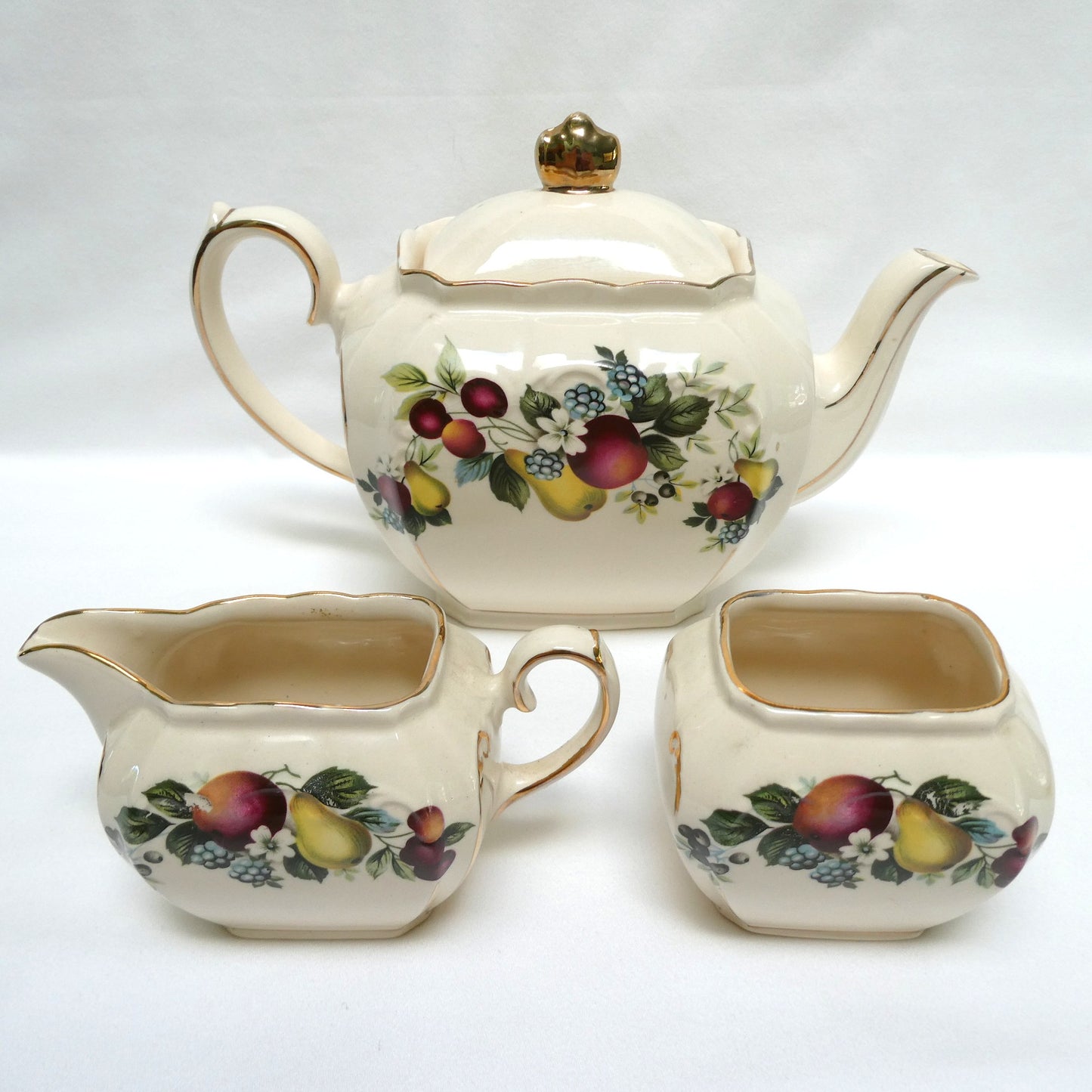 Antique 1940's RECTANGULAR TEA POT, SUGAR BOWL & CREAMER; Pear and Plum Fruit Themed by Sadler of England
