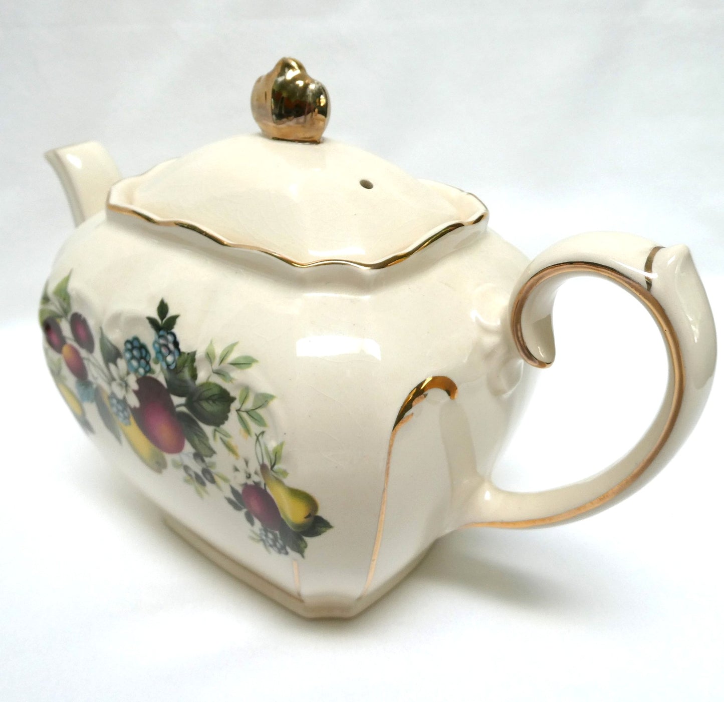 Antique 1940's RECTANGULAR TEA POT, SUGAR BOWL & CREAMER; Pear and Plum Fruit Themed by Sadler of England