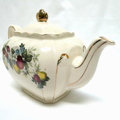 Antique 1940's RECTANGULAR TEA POT, SUGAR BOWL & CREAMER; Pear and Plum Fruit Themed by Sadler of England