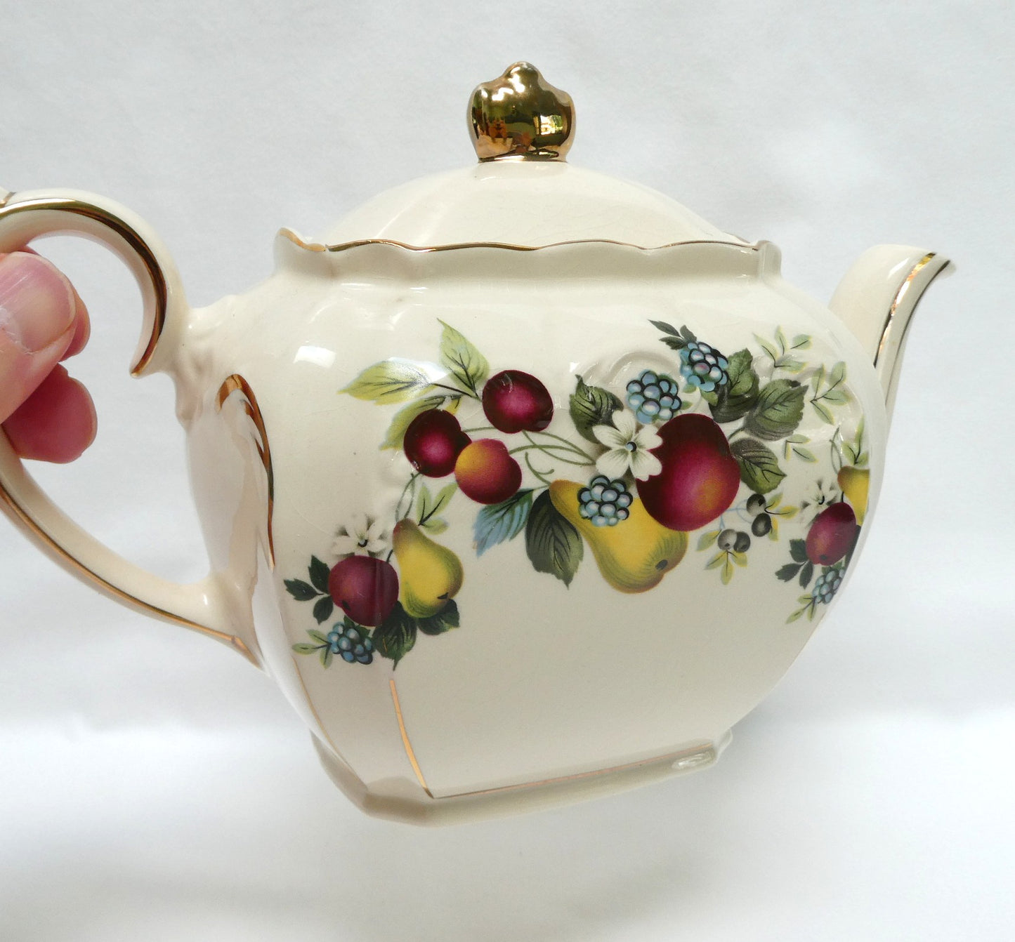 Antique 1940's RECTANGULAR TEA POT, SUGAR BOWL & CREAMER; Pear and Plum Fruit Themed by Sadler of England
