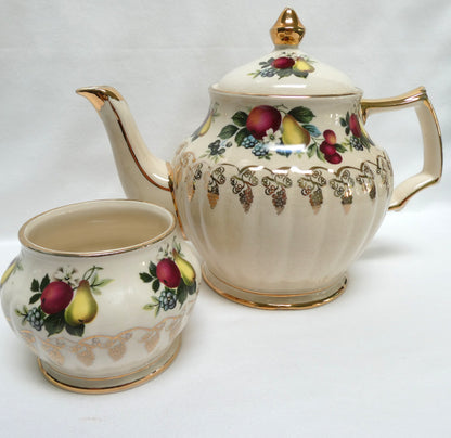 Antique 1940's ROUND TEA POT AND SUGAR BOWL; Pear and Plum Fruit Themed by Sadler of England