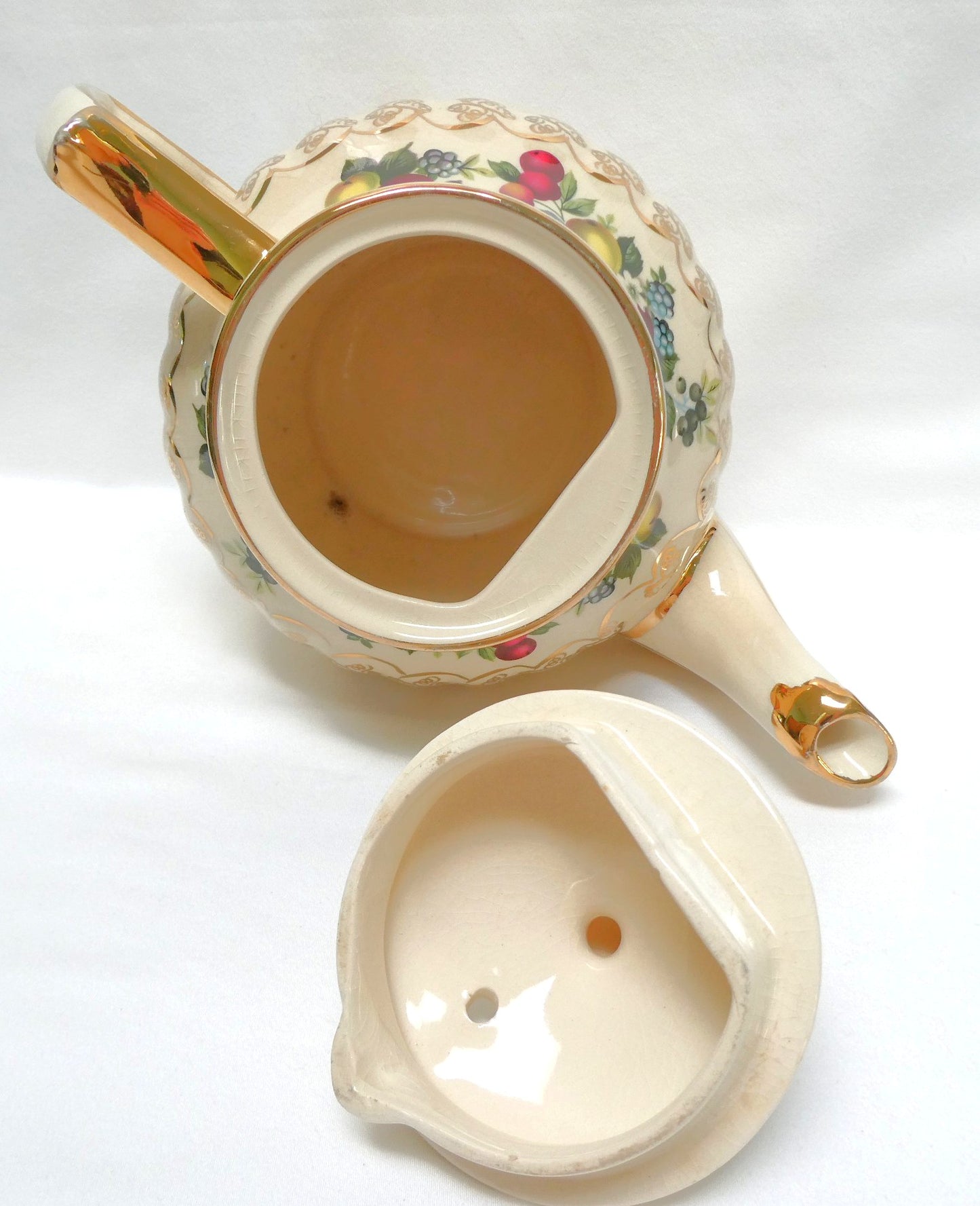Antique 1940's ROUND TEA POT AND SUGAR BOWL; Pear and Plum Fruit Themed by Sadler of England