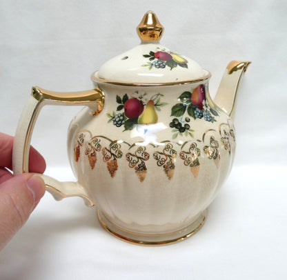 Antique 1940's ROUND TEA POT AND SUGAR BOWL; Pear and Plum Fruit Themed by Sadler of England