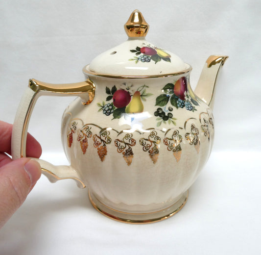 Antique 1940's ROUND TEA POT AND SUGAR BOWL; Pear and Plum Fruit Themed by Sadler of England