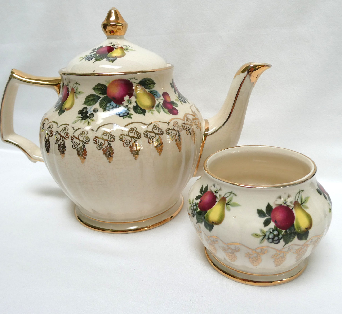 Antique 1940's ROUND TEA POT AND SUGAR BOWL; Pear and Plum Fruit Themed by Sadler of England
