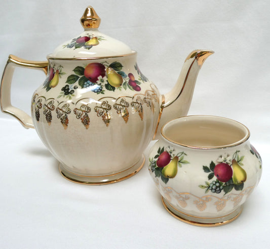 Antique 1940's ROUND TEA POT AND SUGAR BOWL; Pear and Plum Fruit Themed by Sadler of England