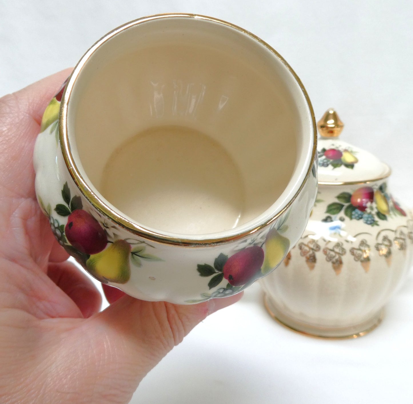 Antique 1940's ROUND TEA POT AND SUGAR BOWL; Pear and Plum Fruit Themed by Sadler of England