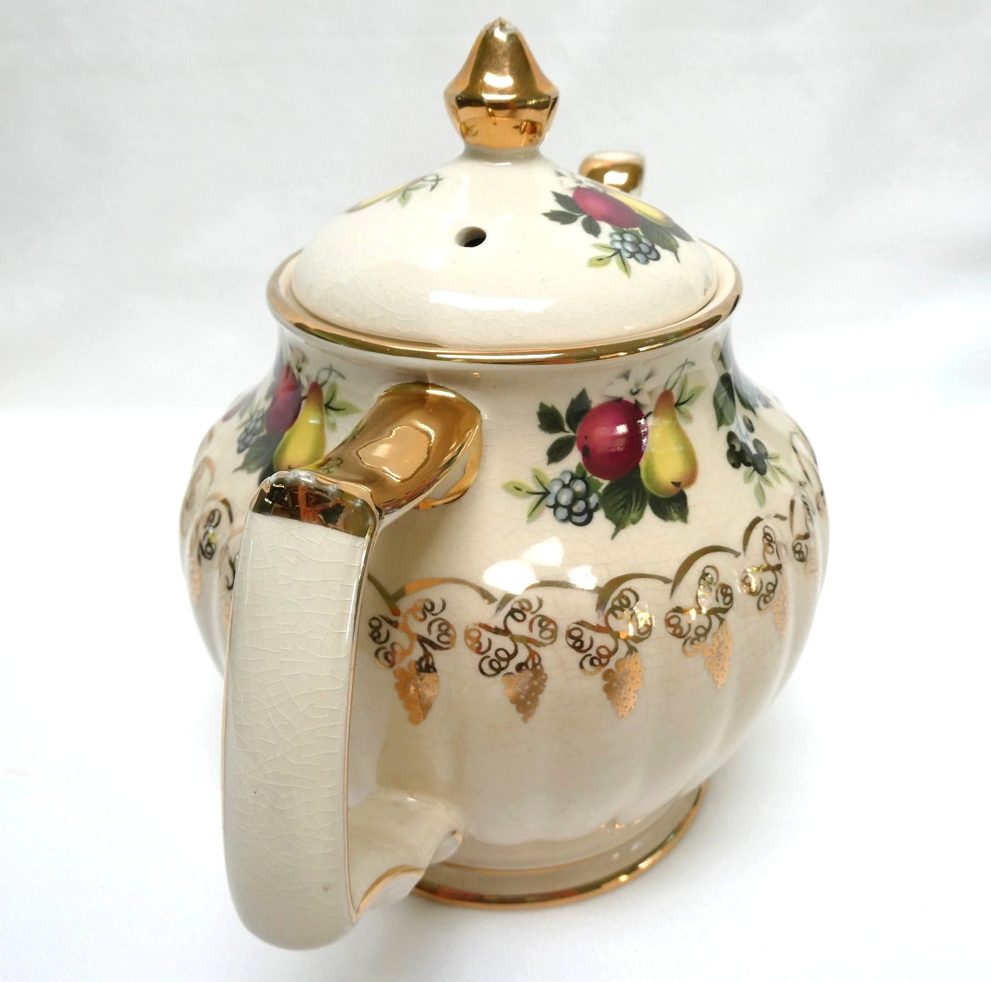 Antique 1940's ROUND TEA POT AND SUGAR BOWL; Pear and Plum Fruit Themed by Sadler of England
