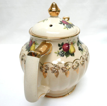 Antique 1940's ROUND TEA POT AND SUGAR BOWL; Pear and Plum Fruit Themed by Sadler of England
