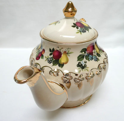 Antique 1940's ROUND TEA POT AND SUGAR BOWL; Pear and Plum Fruit Themed by Sadler of England